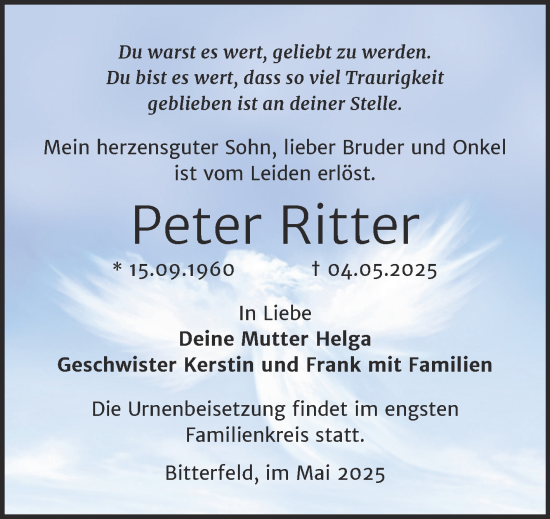 Traueranzeige von Peter Ritter von Trauerkombi Bitterfeld