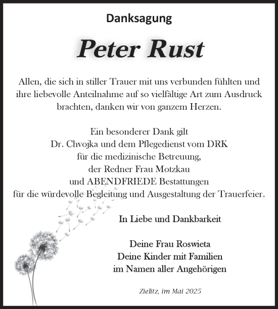 Traueranzeige von Peter Rust von Volksstimme Haldensleben/Wolmirstedt