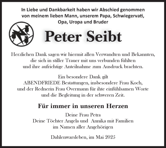 Traueranzeige von Peter Seibt von Volksstimme Haldensleben/Wolmirstedt