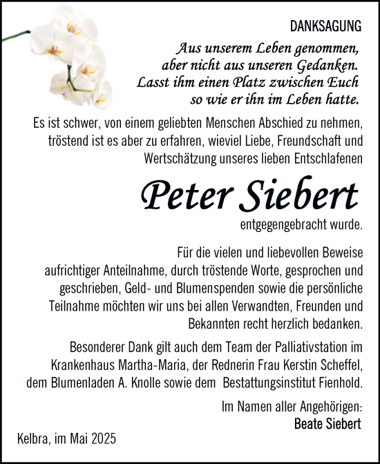 Traueranzeige von Peter Siebert von Trauerkombi Sangerhausen