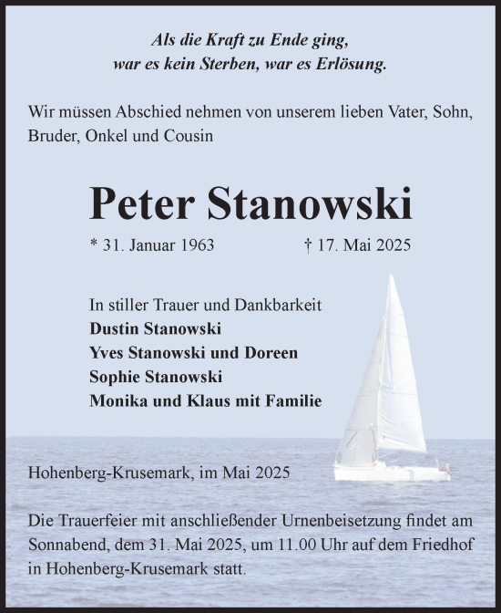 Traueranzeige von Peter Stanowski von Volksstimme Altmark Ost