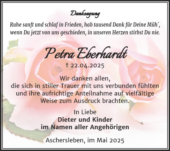 Traueranzeige von Petra Eberhardt von Trauerkombi Aschersleben
