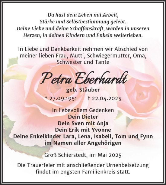 Traueranzeige von Petra Eberhardt von Trauerkombi Aschersleben