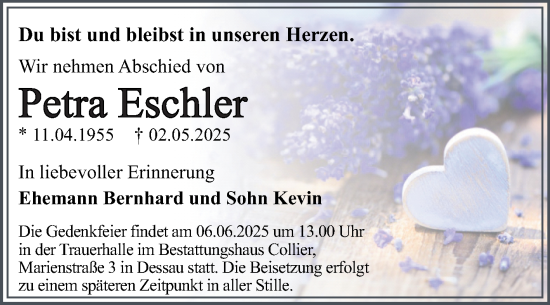 Traueranzeige von Petra Eschler von Trauerkombi Dessau