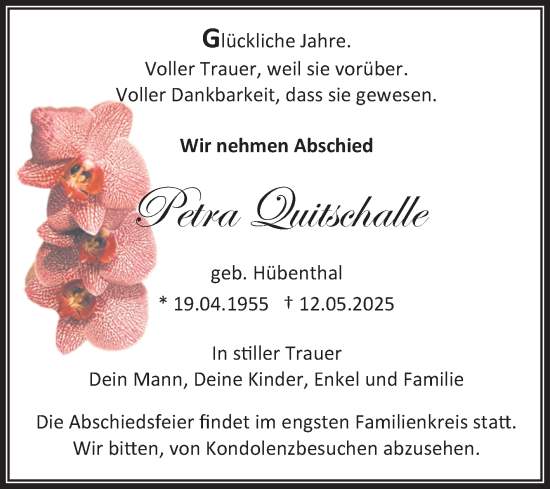 Traueranzeige von Petra Quitschalle von Trauerkombi Aschersleben