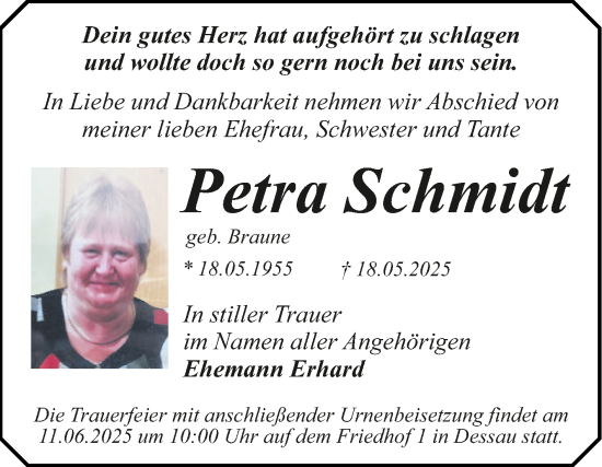 Traueranzeige von Petra Schmidt von Trauerkombi Dessau