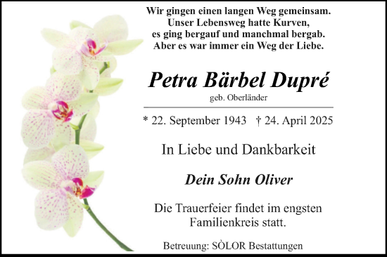 Traueranzeige von Petra Bärbel Dupre von Volksstimme Magdeburg