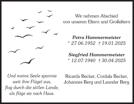 Traueranzeige von Petra und Siegfried Hammermeister von Volksstimme Magdeburg