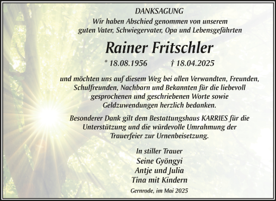 Traueranzeige von Rainer Fritschler von Trauerkombi Quedlinburg