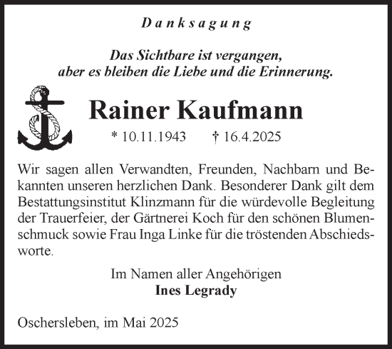 Traueranzeige von Rainer Kaufmann von Volksstimme Oschersleben/Wanzleben