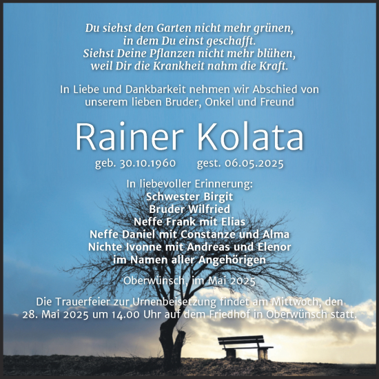 Traueranzeige von Rainer Kolata von Trauerkombi Merseburg