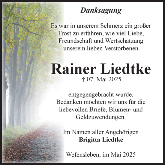 Traueranzeige von Rainer Liedtke von Volksstimme Oschersleben/Wanzleben