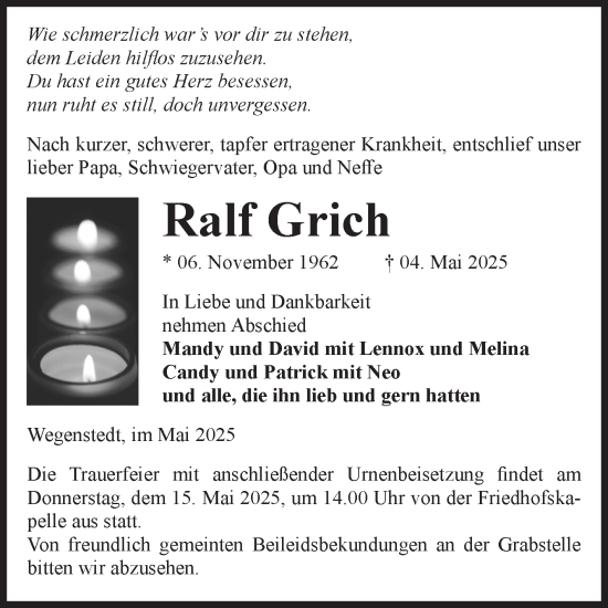 Traueranzeige von Ralf Grich von Volksstimme Haldensleben/Wolmirstedt