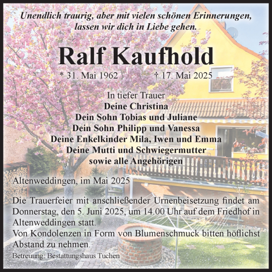 Traueranzeige von Ralf Kaufhold von Volksstimme Oschersleben/Wanzleben