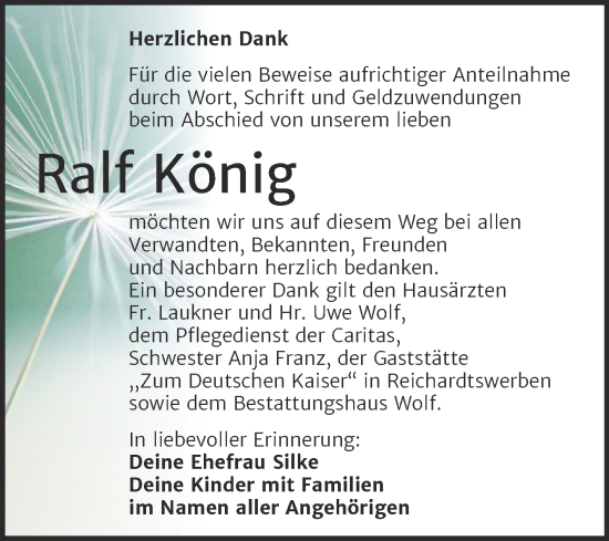 Traueranzeige von Ralf König von Trauerkombi Weißenfels