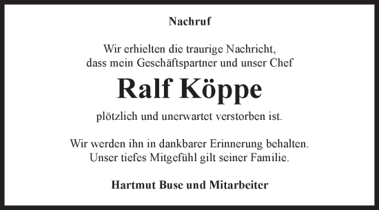 Traueranzeige von Ralf Köppe von Volksstimme Burg/Genthin