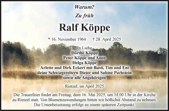 Traueranzeige von Ralf Köppe von Volksstimme Burg/Genthin