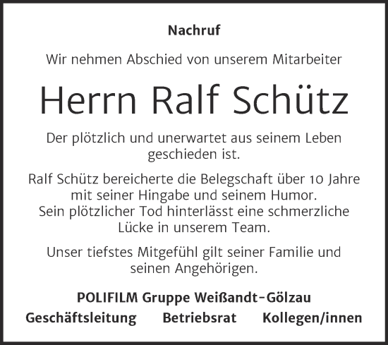 Traueranzeige von Ralf Schütz von Mitteldeutsche Zeitung Köthen