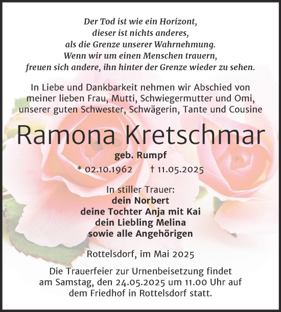 Traueranzeige von Ramona Kretschmar von Trauerkombi Mansfelder Land