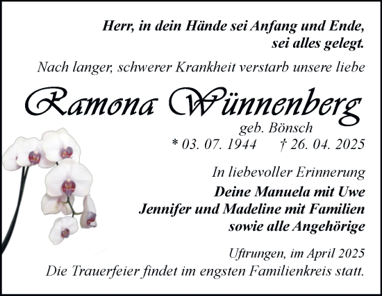 Traueranzeige von Ramona Wünnenberg von Trauerkombi Sangerhausen