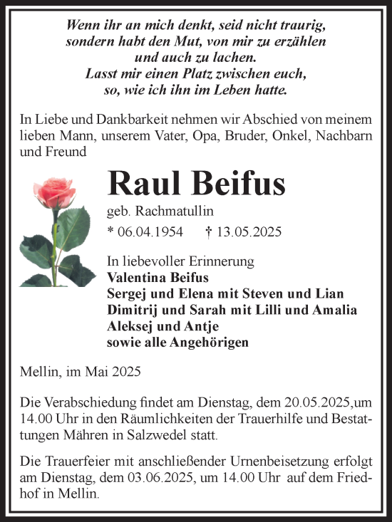 Traueranzeige von Raul Beifus von Volksstimme Altmark West