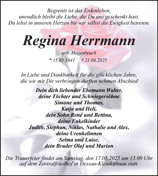 Traueranzeige von Regina Herrmann von Trauerkombi Dessau