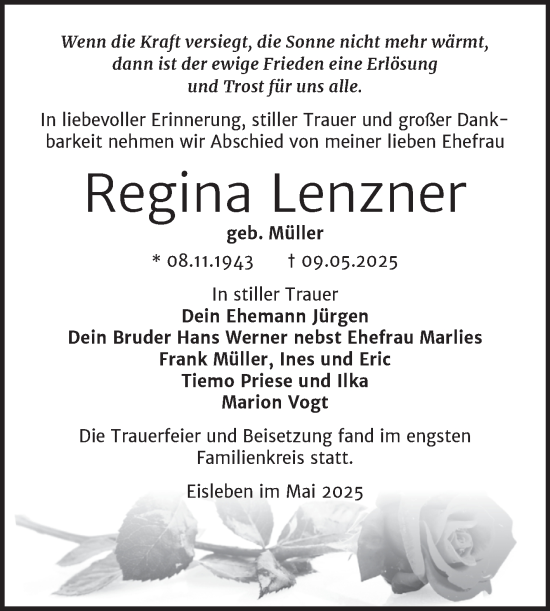 Traueranzeige von Regina Lenzner von Mitteldeutsche Zeitung Mansfelder Land