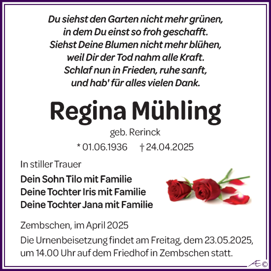 Traueranzeige von Regina Mühling von Trauerkombi Weißenfels