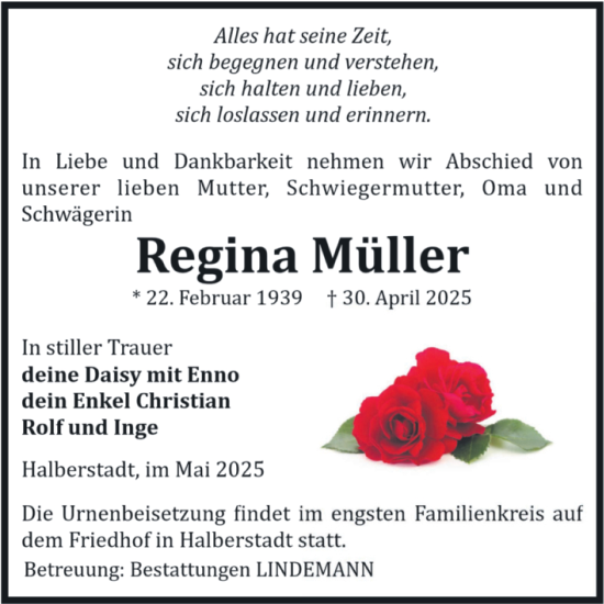 Traueranzeige von Regina Müller von Volksstimme Halberstadt