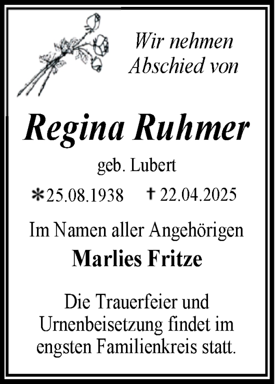 Traueranzeige von Regina Ruhmer von Trauerkombi Dessau