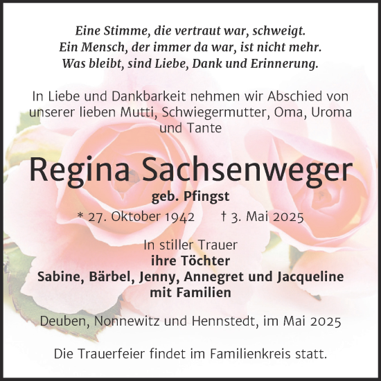 Traueranzeige von Regina Sachsenweger von Trauerkombi Weißenfels