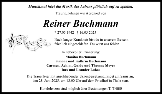 Traueranzeige von Reiner Buchmann von Trauerkombi Quedlinburg