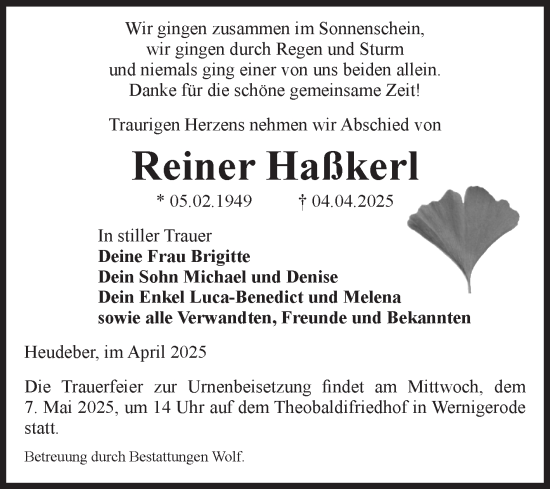 Traueranzeige von Reiner Haßkerl von Volksstimme Wernigerode
