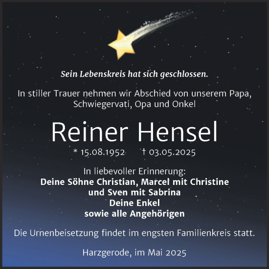 Traueranzeige von Reiner Hensel von Trauerkombi Quedlinburg