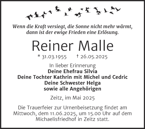 Traueranzeige von Reiner Malle von Trauerkombi Zeitz