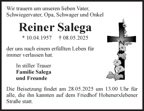 Traueranzeige von Reiner Salega von Volksstimme Staßfurt