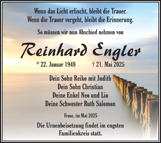 Traueranzeige von Reinhard Engler von Trauerkombi Aschersleben