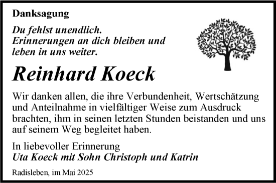 Traueranzeige von Reinhard Koeck von Trauerkombi Quedlinburg