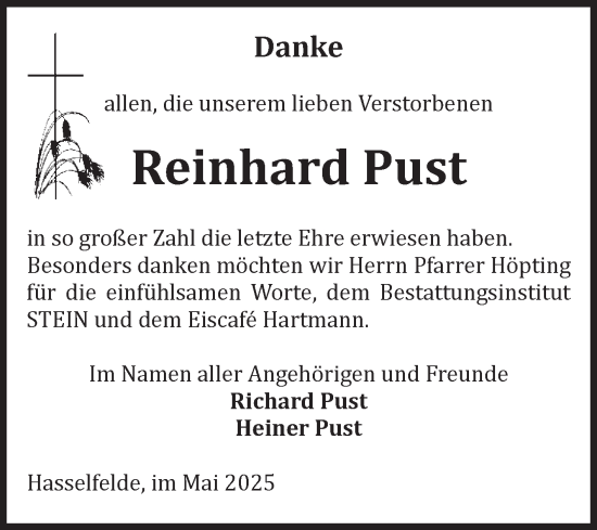 Traueranzeige von Reinhard Pust von Volksstimme Wernigerode