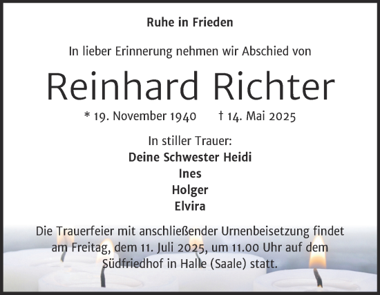 Traueranzeige von Reinhard Richter von Mitteldeutsche Zeitung Halle/Saalkreis