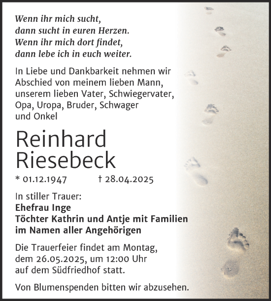 Traueranzeige von Reinhard Riesebeck von Mitteldeutsche Zeitung Halle/Saalkreis