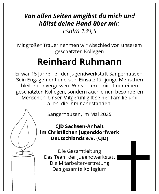 Traueranzeige von Reinhard Ruhmann von Super Sonntag Sangerhausen