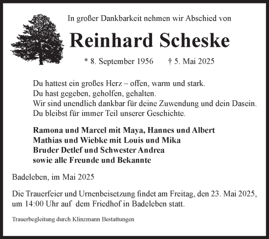 Traueranzeige von Reinhard Scheske von Volksstimme Oschersleben/Wanzleben