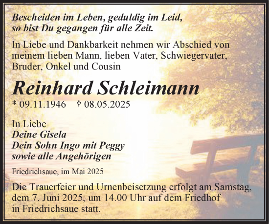 Traueranzeige von Reinhard Schleimann von Trauerkombi Aschersleben