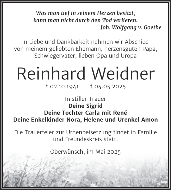 Traueranzeige von Reinhard Weidner von Trauerkombi Merseburg