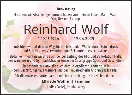 Traueranzeige von Reinhard Wolf von Mitteldeutsche Zeitung Halle/Saalkreis