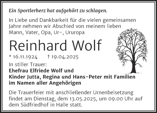 Traueranzeige von Reinhard Wolf von Mitteldeutsche Zeitung Halle/Saalkreis