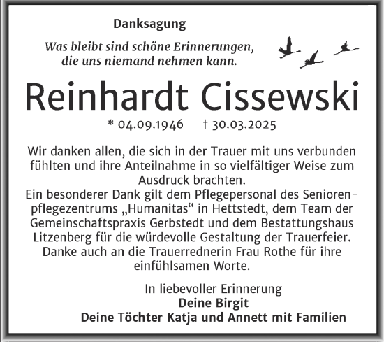 Traueranzeige von Reinhardt Cissewski von Trauerkombi Mansfelder Land