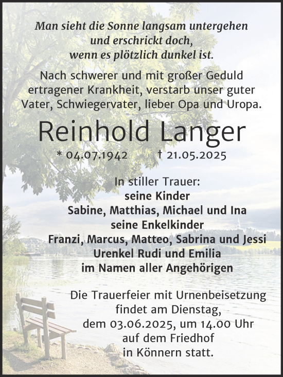 Traueranzeige von Reinhold Langer von Trauerkombi Bernburg