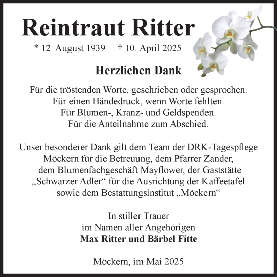 Traueranzeige von Reintraut Ritter von Volksstimme Burg/Genthin